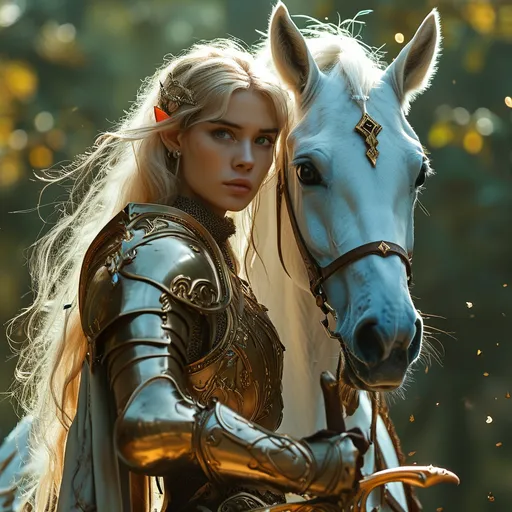 Prompt: elven female paladin riding a unicorn (glorious and majestic), strong facial features, shimmering armor reflecting light, wielding a radiant sword, fae-like ear tips, flowing hair cascading like silk, intricate details on armor, lush mystical forest background, ethereal glow surrounding her, (vibrant colors), mystical ambiance, heroic posture, (ultra-detailed), wide shot, wide angle,  cinematic lighting, epic fantasy vibe.