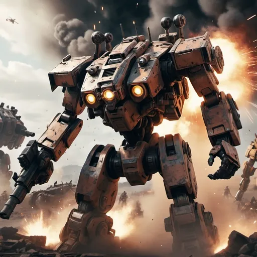 Prompt: Battlemech in action, fierce clash on a war-torn battlefield, clouds of smoke rising from explosions, dynamic poses of mechs in fierce combat, detailed mechanical parts and weaponry glistening, gritty realism, cinematic lighting, epic atmosphere filled with tension, high detail, 4K resolution, dramatic colors reflecting chaos and destruction, engaging and immersive scene.