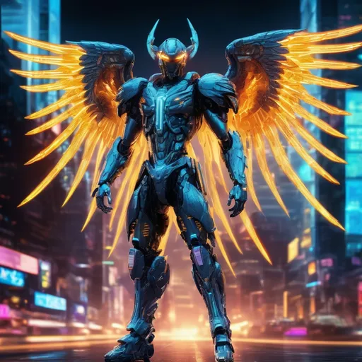 Prompt: Cybernetic Archangel, (futuristic warrior with cybernetic features), glowing wings with high-tech circuitry, dramatic lighting casting strong shadows, wide shot, full body, vibrant neon colors, sci-fi elements, intricate metal designs, ethereal ambiance, detailed textures, dynamic pose, imposing presence, (highly detailed digital art), atmospheric background with a city skyline at night, (4K resolution).