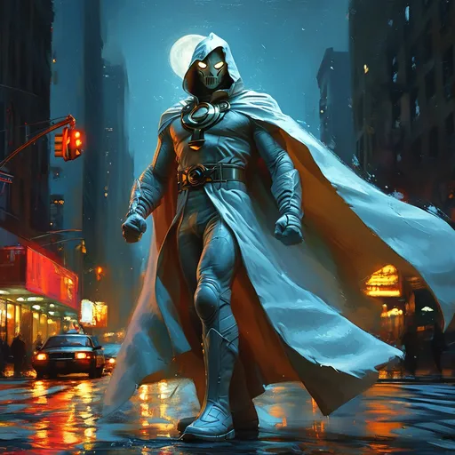 Prompt: Moon Knight, super hero. night time, starry sky, wide white cape, cowl, white costume, muscular, athletic, full body, standing, powerful, wide angle, Manhattan, volumetric and dynamic lighting, atmospheric lighting, highres, oil paint, professional, volumetric lighting, dynamic lighting, action pose.