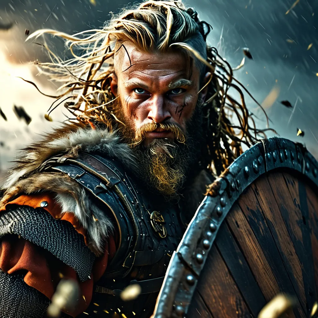 Prompt: (many viking warriors attacking), dynamic action scene, (dramatic lighting), intense expressions, realistic facial features, rugged armor and weapons,  windswept hair, a thunderstorm overhead, debris flying, high stakes atmosphere, cinematic composition, (4K ultra-detailed), vivid colors, rugged terrain, an aura of historical epic grandeur.