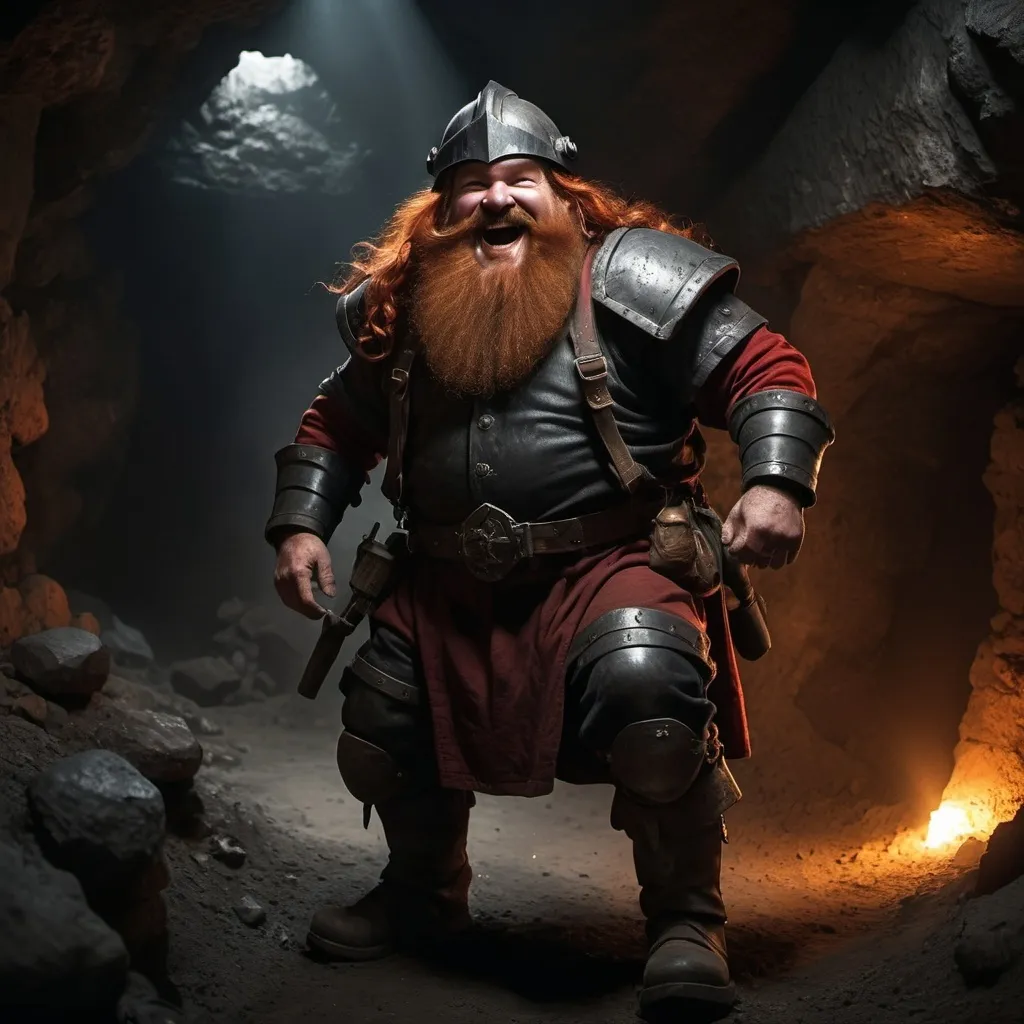 Prompt: A dwarven miner, laughing, long curly red hair, very long bushy beard, big belly, fat, wearing red and black mining gear, black iron helmet, mining boots, standing in a mine, wide shot, long shot, dramatic lighting, hyper-realistic details, cinematic lighting, medieval fantasy, High fantasy, epic fantasy