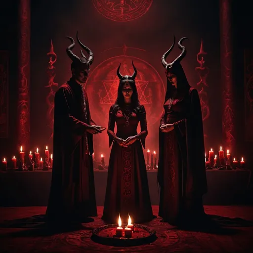 Prompt: (satanic ritual scene), dramatic atmosphere, mysterious shadows and flickering candlelight, central figures – (man) and (woman) in ceremonial attire, intense expressions, intricate symbols surrounding them, dark backdrop with ominous objects, capturing an eerie mood, deep reds and blacks for a chilling effect, ultra-detailed, cinematic quality, high contrast lighting.