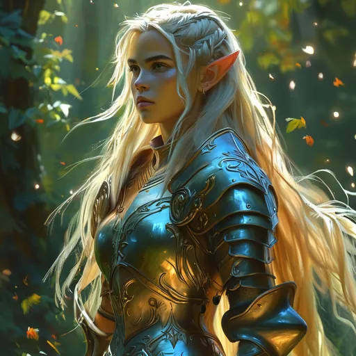 Prompt: elven female paladin (glorious and majestic), strong facial features, shimmering armor reflecting light, wielding a radiant sword, standing confidently, fae-like ear tips, flowing hair cascading like silk, intricate details on armor, lush mystical forest background, ethereal glow surrounding her, (vibrant colors), mystical ambiance, heroic posture, (ultra-detailed), cinematic lighting, epic fantasy vibe.