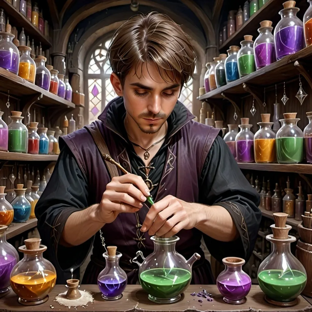 Prompt: A male human alchemist making potions in a shop.  Short brown hair, brown eyes, black tunic, fantasy art, photorealistic, hyperrealism, medieval fantasy, intricate embroidery, enchanting aura, highres, detailed, professional, atmospheric lighting