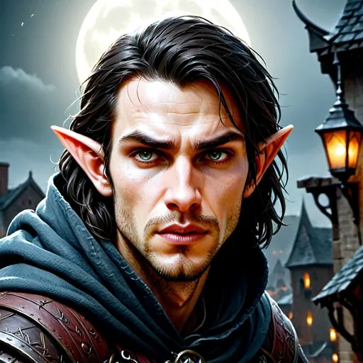 Prompt: Male rugged Half-elf assassin, moonlit rooftop,  moonlit night, highres, detailed, fantasy, mysterious, moonlit, assassin, cloak, detailed figure, intense expression, cool tones, atmospheric lighting, realistic