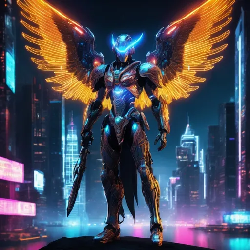 Prompt: Cybernetic Archangel, (futuristic warrior with cybernetic features), glowing wings with high-tech circuitry, dramatic lighting casting strong shadows, wide shot, full body, vibrant neon colors, sci-fi elements, intricate metal designs, ethereal ambiance, detailed textures, dynamic pose, imposing presence, (highly detailed digital art), atmospheric background with a city skyline at night, (4K resolution).