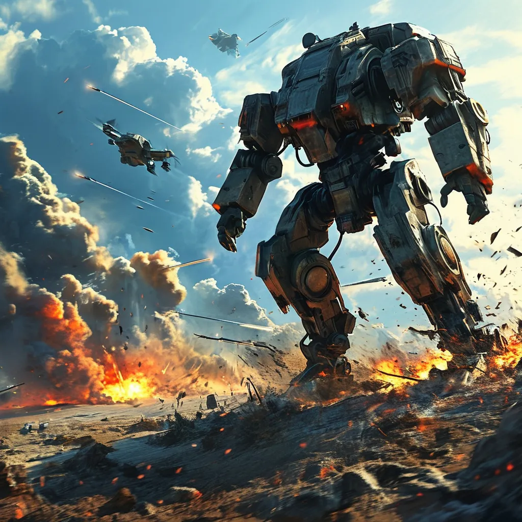 Prompt: Battlemech in action, fierce clash on a war-torn battlefield, clouds of smoke rising from explosions, dynamic poses of mechs in fierce combat, detailed mechanical parts and weaponry glistening, gritty realism, cinematic lighting, epic atmosphere filled with tension, high detail, 4K resolution, dramatic colors reflecting chaos and destruction, engaging and immersive scene.