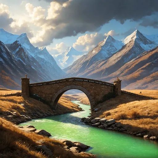 Prompt: River flowing from distant mountains in background, snowy peaks, vast rugged plains in foreground, jade green water, medieval bridge over river,  dirt road, atmospheric, high quality, dramatic lighting, fantasy art, photorealistic, hyperrealism