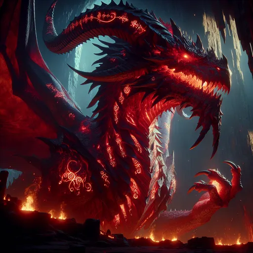 Prompt: Huge red dragon, deep crimson scales reflecting fiery light, full body shot, low angle, looming, sweeping horns with glowing arcane runes, lava-like eyes, razor-sharp teeth, deadly claws, vast membranous wings, in a cavern, high-quality, detailed, mythical, fantasy, fiery tones, atmospheric lighting