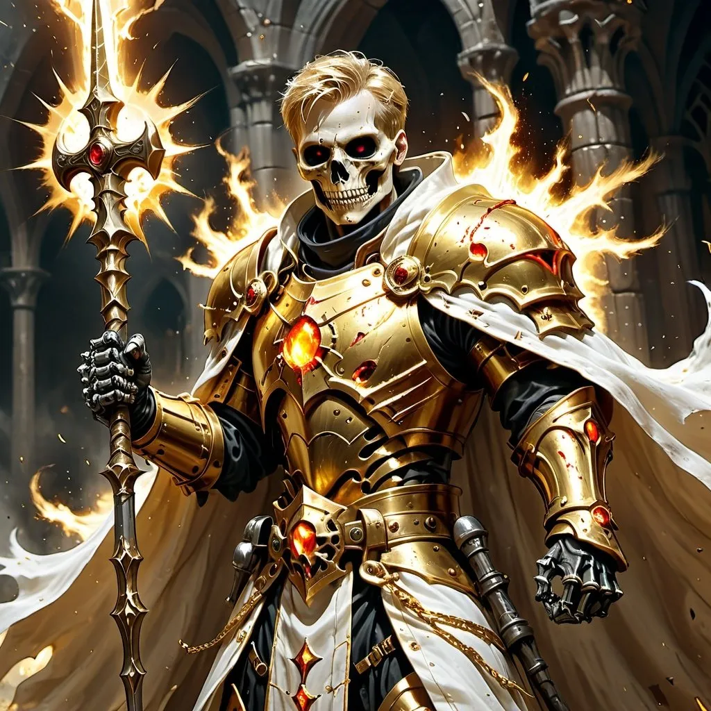 Prompt: Holy warrior priest, human male with short hair, gold armor, holding a radiant mace aloft, undead skeletons crumbling into dust, shining white billowing cloak, heroic fantasy, highres, detailed, epic, golden armor, radiant mace, holy power, crumbling skeletons, shining cloak, heroic fantasy aesthetic, dramatic lighting, intense action, high quality