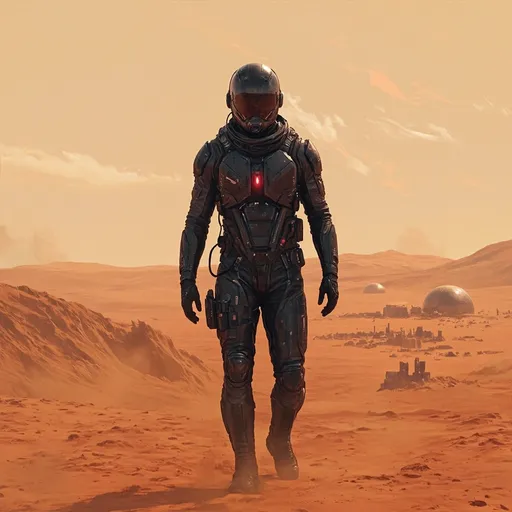 Prompt: A man stands alone on the red, windswept plains of Mars, just beyond the edge of a colony dome. He wears a sleek, matte-black environmental suit—form-fitting like advanced tactical gear, with subtle tubing and neural interface ports running along his arms. The helmet is low-profile and angular, its visor a reflective obsidian mirror. Dust curls around his boots as he surveys a distant excavation site scattered with alien ruins. His posture is relaxed, almost predatory, and a faint red glow emanates from the chest of the suit, pulsing slowly like a heartbeat. The Martian sky above him is pale orange, streaked with high-altitude clouds, and a faint glimmer of another dome is barely visible on the horizon.
