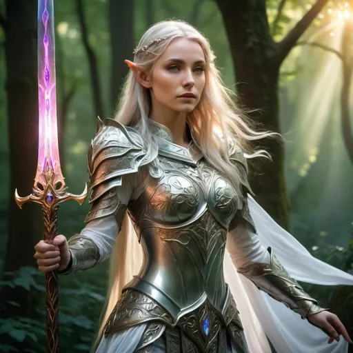 Prompt: elven paladin (glorious and majestic), strong facial features, shimmering armor reflecting light, wielding a radiant sword, standing confidently, fae-like ear tips, flowing hair cascading like silk, intricate details on armor, lush mystical forest background, ethereal glow surrounding her, (vibrant colors), mystical ambiance, heroic posture, (ultra-detailed), cinematic lighting, epic fantasy vibe.