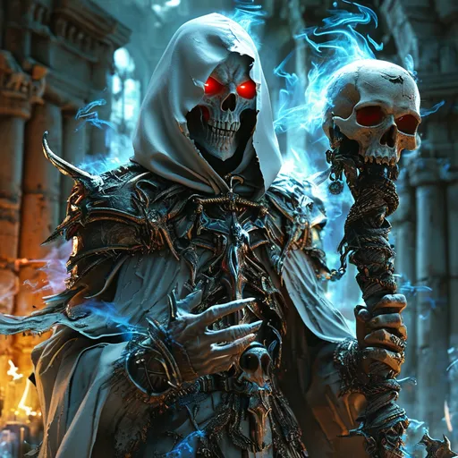 Prompt: game-rpg fantasy style, a powerful human undead lich, (hooded in white), (spiked armor), carrying an eldritch staff with a skull on top, menacing (red eyes) glowing fiercely, crackling (blue lightning) enveloping their figure, surrounded by the eerie (ruins of an ancient temple), atmospheric and haunting ambiance, high definition, ultra-detailed, cinematic lighting, evoking a sense of dread and ancient power.