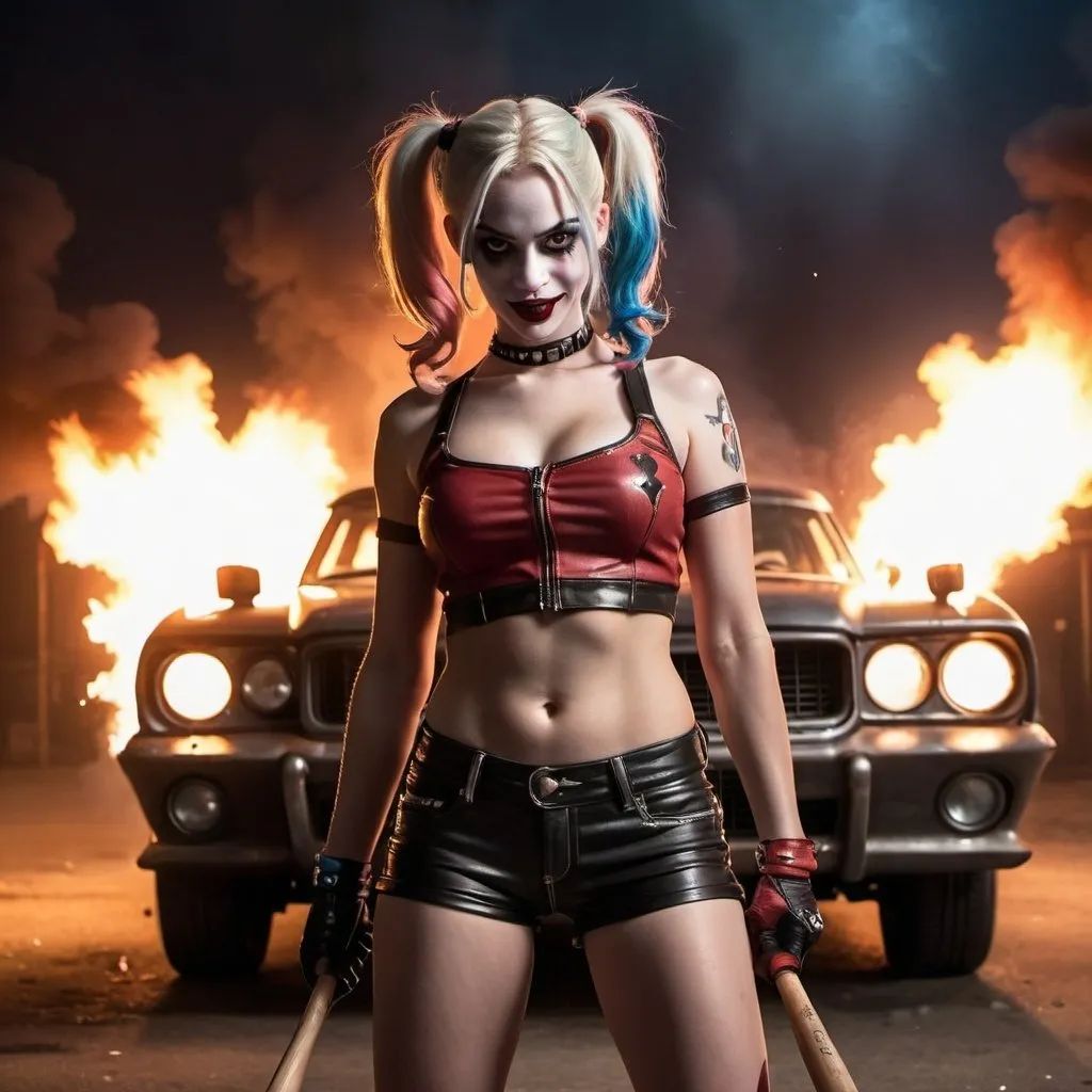 Prompt: harley quinn, holding a baseball bat,  tiny skimpy leather shorts, spikes, burning car in background, professional, atmospheric lighting, action pose, intense action