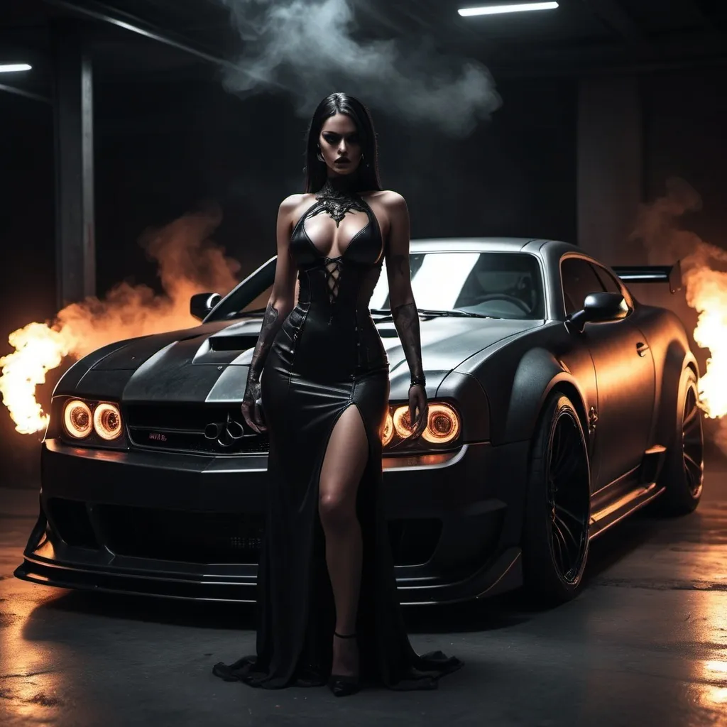 Prompt: (satanic woman), heavily customized, menacing aesthetic, dark windows, blacked out windows, razor-sharp lines, hellfire, intricate modifications, hellish glow, dark metallic paint, aggressive stance, underworld inspiration, smoke billowing from the exhaust, dramatic shadows, (moody lighting), 4K, ultra-detailed, automotive masterpiece, blending elegance with savagery.