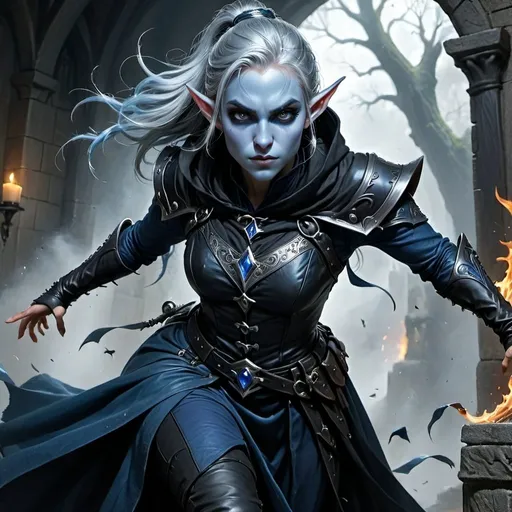 Prompt: an female elf, deep blue skin, lean, muscled, black leather armor with silver filigree, black leather bracers, black greaves, black boots, long cloak billowing. Silver hair pulled back into a tight ponytail, and her eyes gleam with a fierce intensity, high quality, detailed, dramatic lighting, fantasy art, photorealistic, hyperrealism, medieval fantasy, sinister, intense action 