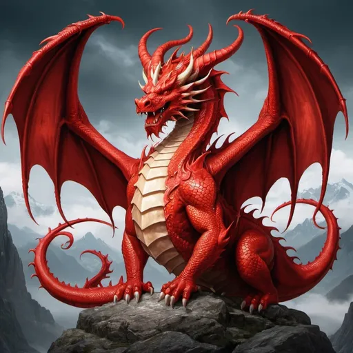 Prompt: a great red dragon, with seven heads and ten horns, and on his heads seven diadems.”
