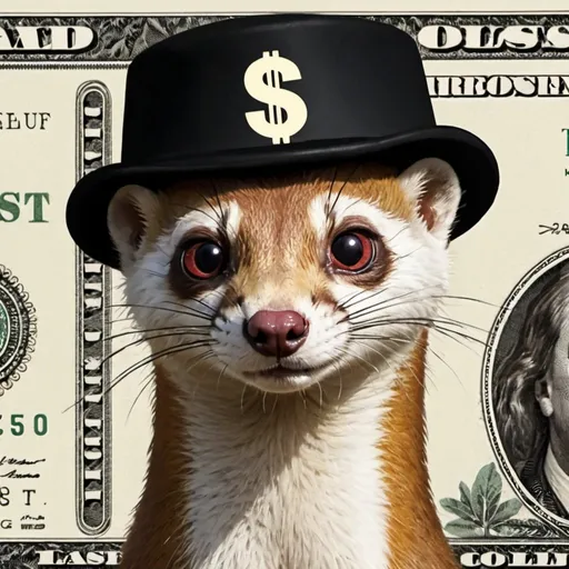 Prompt: weasel with a bob hat, and dollars in the eyes
