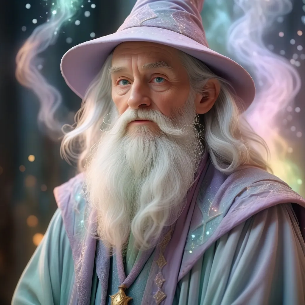 Prompt: Dreamy pastel portrait, wizard, ethereal atmosphere, soft focus