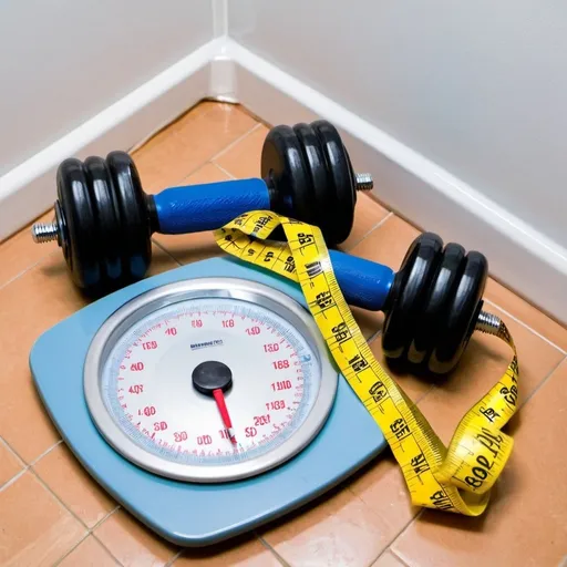 Prompt: Bathroom scale, tape measure, 5 lb dumbbells