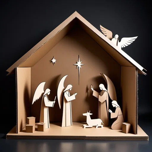 Prompt: A vertical, minimalistic nativity display designed with extremely simplified geometric lines and shapes for real-life construction using flat materials like cardboard or corflute. The design features basic, flat silhouettes of, a cave or stable, and masculine warrior-like angels. All elements are reduced to simple, clean lines and flat panels with slots for easy interlocking assembly, emphasizing a highly abstract and modern aesthetic suitable for a minimalist home.