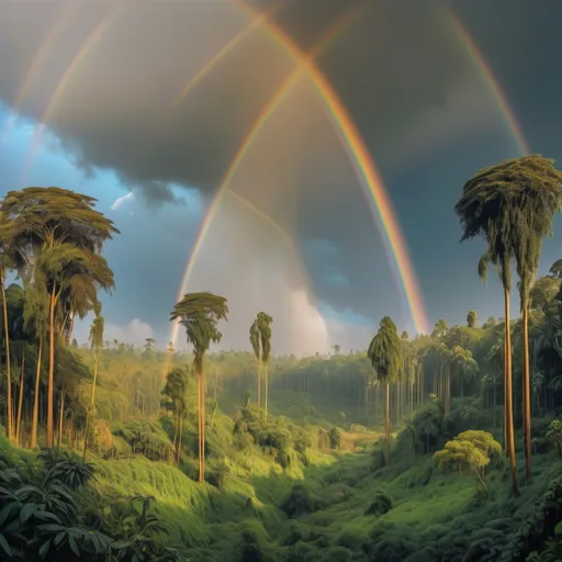 Prompt: a rainbow is seen in the sky over a forest of trees and bushes with tall poles in the foreground, Afewerk Tekle, bengal school of art, saturated colors, a picture