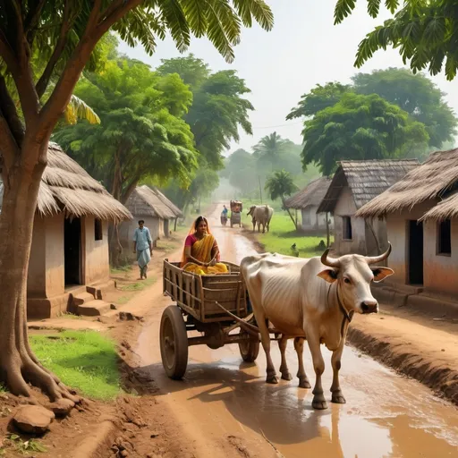 Prompt: A beautiful Indian village scene with mud houses, lush green fields, and a bullock cart passing through mango trees. Villagers dressed in traditional attire, engaged in daily chores