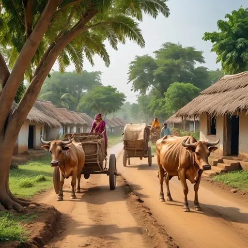 Prompt: A beautiful Indian village scene with mud houses, lush green fields, and a bullock cart passing through mango trees. Villagers dressed in traditional attire, engaged in daily chores