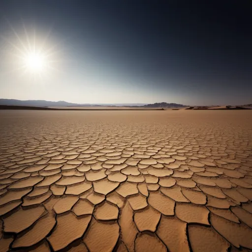 Prompt: A bare plain under the dark desert sun