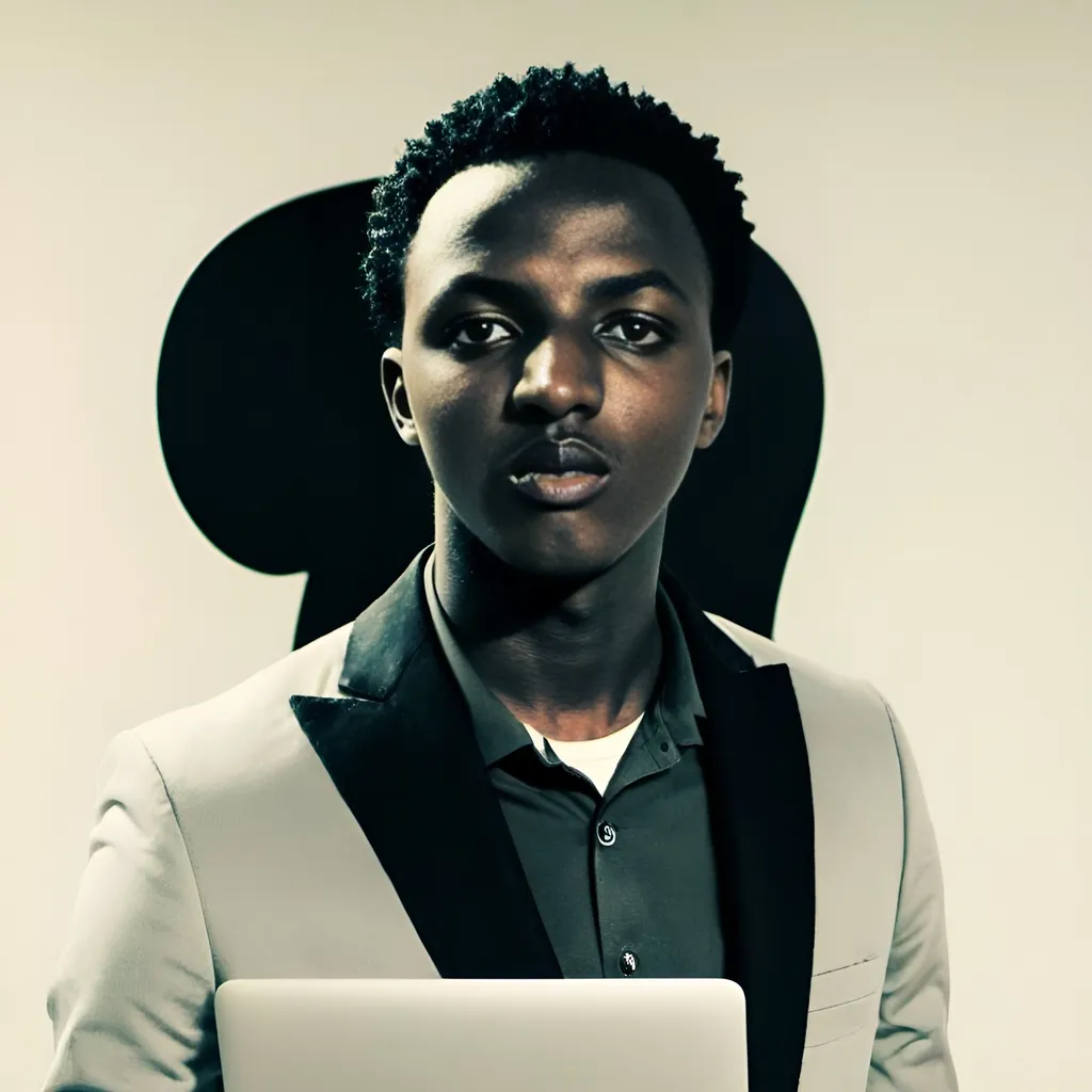 Prompt: Young black man standing next to a whiteboard in a professional black suit holding a modern laptop, professional attire, cyber setting, high-quality, realistic, modern, detailed facial features, professional attire, confident gaze, contemporary, professional lighting, modern technology, urban, detailed suit, neat, confident, professional design, atmosphere lighting
