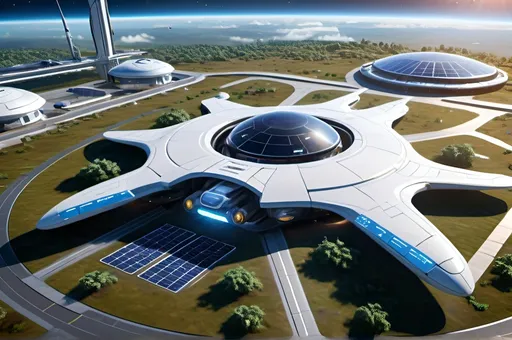 Prompt: futuristic spaceport exterior view from the ground, sleek architectural design, integrated with nature, advanced spacecraft docking stations, bright blue skies, dynamic clouds, vivid greenery surrounding, sparkling solar panels, cutting-edge technologies, bustling activity, vibrant atmosphere, warm sunlight illuminating structures, vivid colors, ultra-detailed, high-definition, cinematic quality.