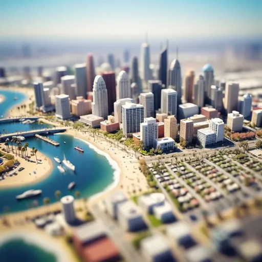 Prompt: aerial view, tilt-shift, isometric miniature world, detailed landscape world render with city of long beach ca iconic skyline