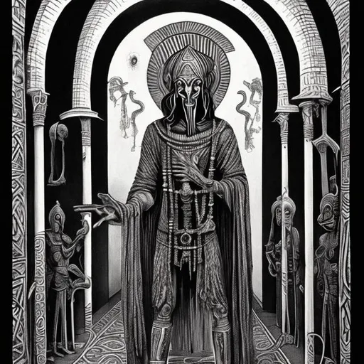 Prompt: Image of Thoth standing before the giant dark doors to the halls of amenti. Psychedelic and ominous. More surreal