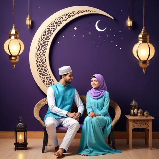 Prompt: Create a 3d illustration where a 20 Year old beautiful smiling couple sitting on chair,Near Half White Moon Printed it Ramadan Mubarak. Near Ramzan lamps. the girl wearing a beautiful Sky blue forak with hijab, the boy wearing a purple Shalwar kameez with Islamic Cap, the background of image is beautiful Wall black them. with name “Ramdan Mubarak “RAHUL & AISHA” written on it, 32k