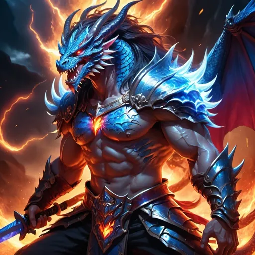 Prompt: A young muscular dragonkin in human form, sleeveless armor vest, long hair, carrying a sword, in a strong powerful overload surge, powerful blue colored aura mixed with powerful and immense red essence energy aura surrounding him, (anime style), warm color scheme, vibrant, highly dynamic lighting, dramatic and intense atmosphere, intricate armor details, fantasy setting background with fire and lightning, (ultra-detailed) (4K).