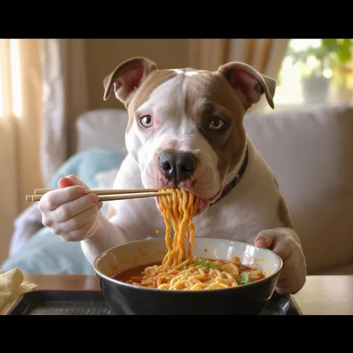 Prompt: a baddie pitbull eating spicy ramen in her room in a video
