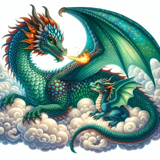 Prompt: Majestic mommy dragon in the clouds with a baby dragon
