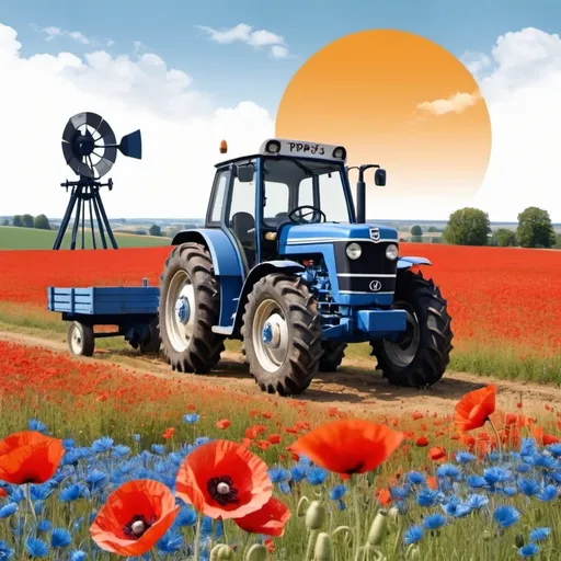 Prompt: create a logo for the radio station "Radio Stapelfeld". 'Inklude a field ob Bartley with poppies and cornflowers and a tractor
