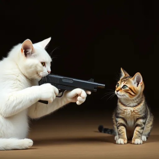 Prompt: A white cat shooting an innocent smaller tabby cat with a hand pistol