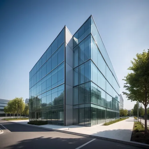 Prompt: Modern small office building , glass exterior, sleek and futuristic design, high quality, corporate, professional, daytime lighting, urban setting, no text on the building, logo prominently displayed