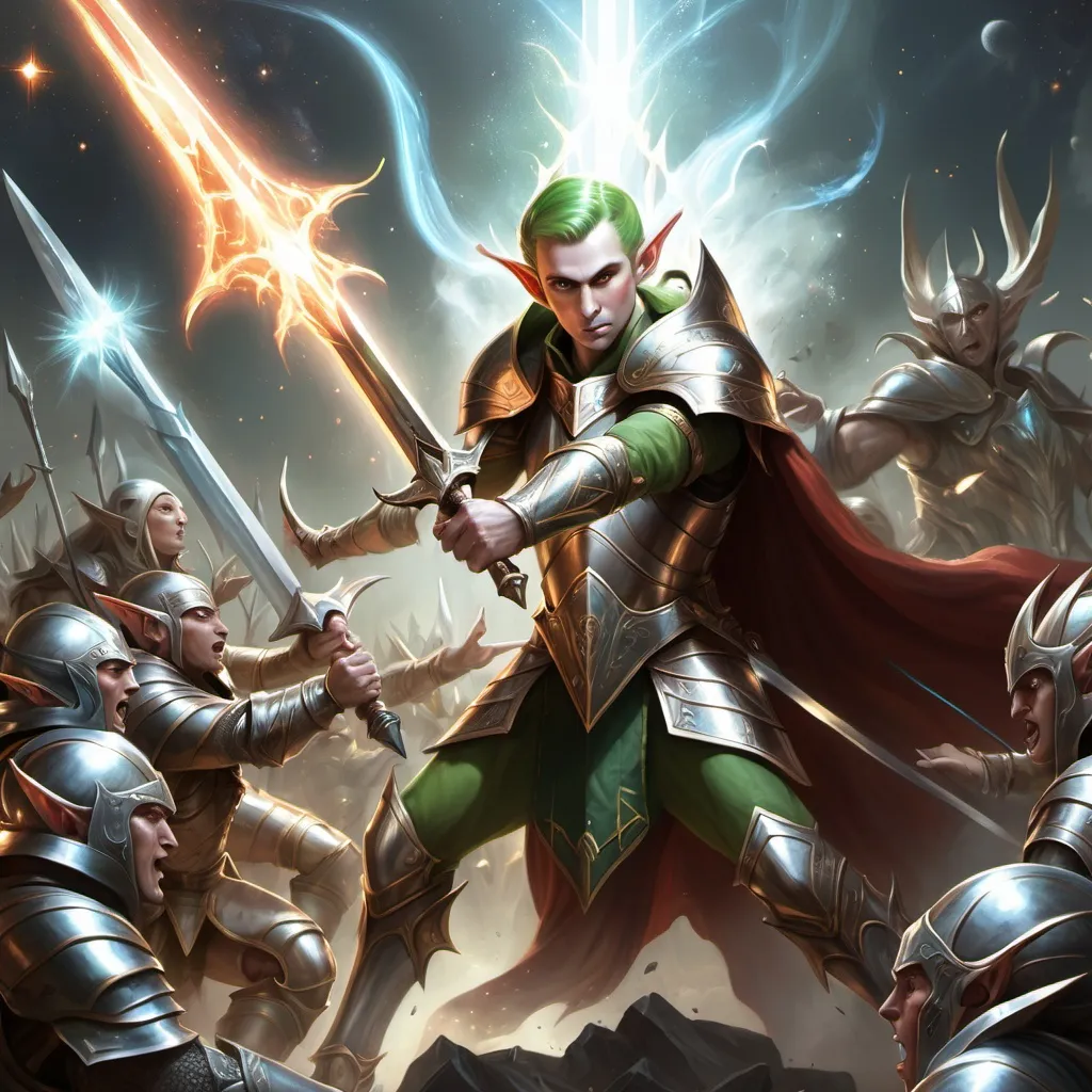 Prompt: An elf fighting god  with spo many armour and the elf has a cosmic sword and an army behind him