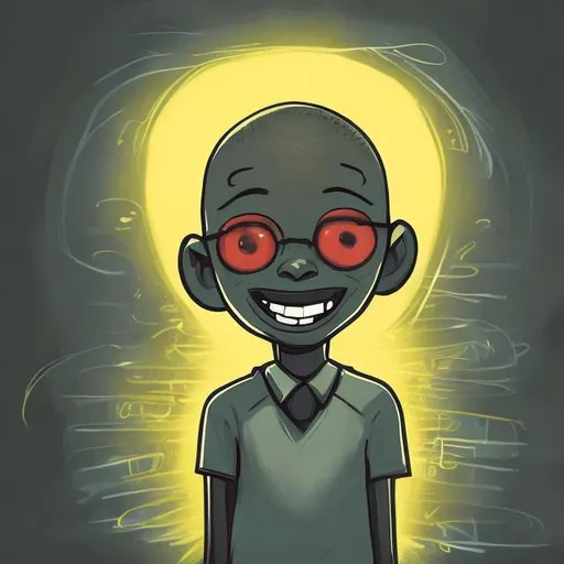 Prompt: a black male teacher with no  hair, bug eyes, and wide smile thats big and spreaded widly across his face in a horriifying way saying "Hey young lady" with the classroom lights off. horror art