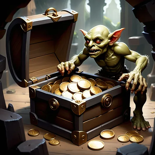 Prompt: a treasure token image depicting a chest and gold coins being stolen by a goblin for magic the gathering