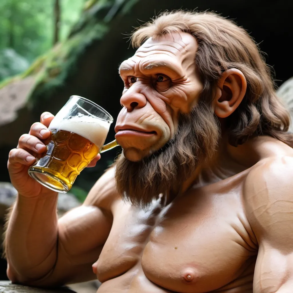 Prompt: Neanderthal drinking belgium beer
