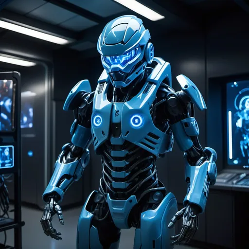 Prompt: a futuristic combat exoskeleton. The exoskeleton stands in a high-tech military lab, surrounded by dim lighting and pulsating blue holographic displays. Start with a close-up of the helmet, showing the glowing heads-up display, then pan out to reveal articulated joints, glowing energy conduits, and embedded weapon systems on the arms. Add subtle animations: glowing conduits pulsating, the jetpack igniting briefly, and holographic data flickering around. Ambient sound: a mix of mechanical whirrs, faint energy hums, and distant tactical commands."
