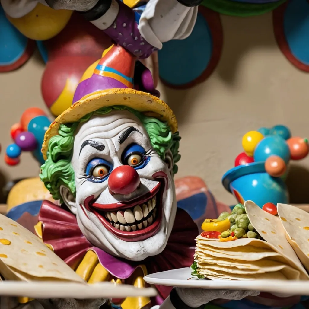 Prompt: a statue of a clown holding a tortilla and a cornucre on a table top with a wall in the background, Eddie Mendoza, lowbrow, toy, a character portrait