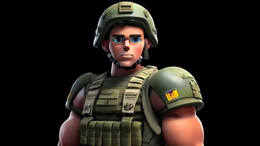 Prompt: Create a full body of a soldier with an animated face looking excited, messy hair and big eyes, strong legs and powerful arms wearing his helmet
