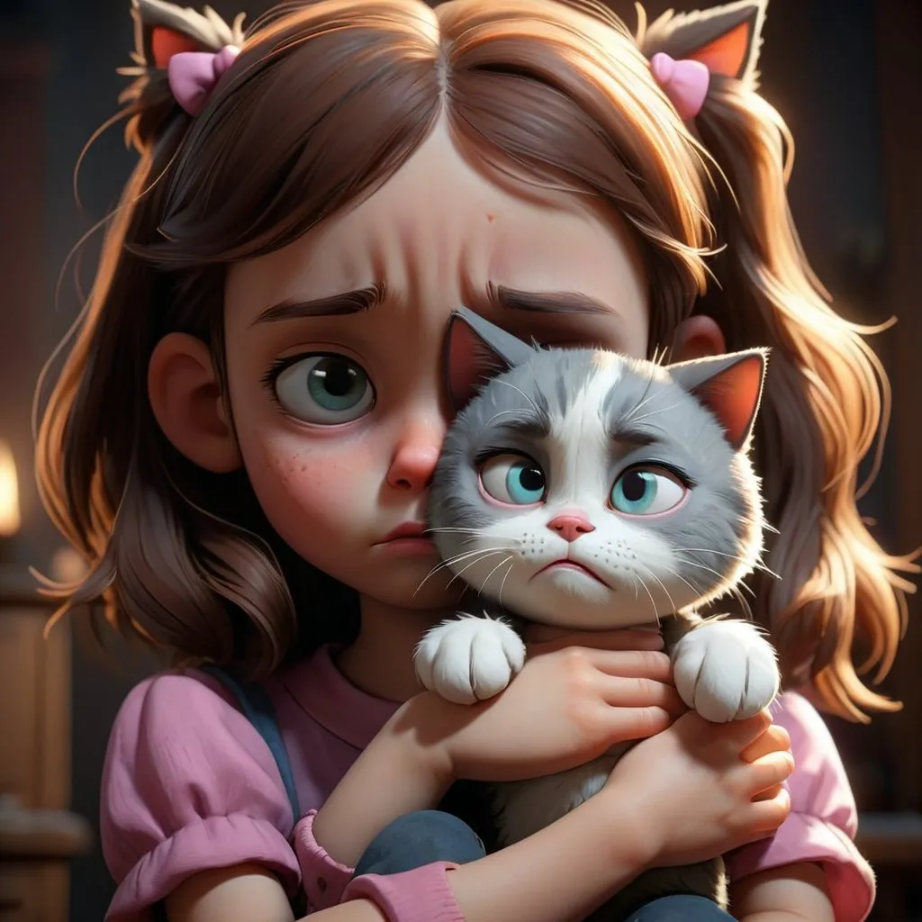 Prompt: cute sad little girl with a cat , high quality, unreal engine 