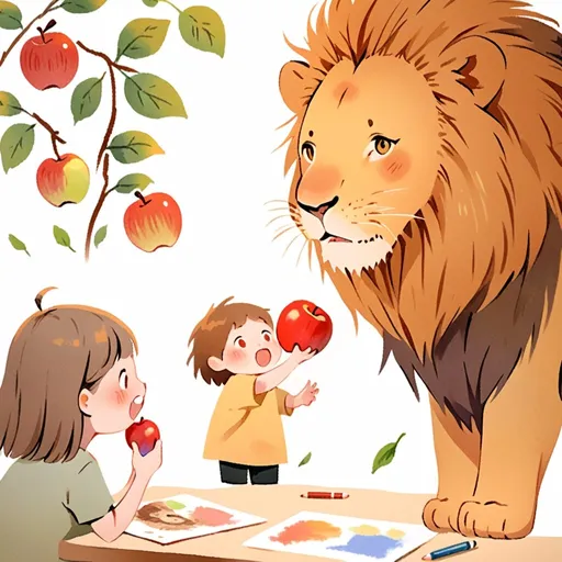 Prompt: white simple background, a girl, eating apple and watching lion coming after him